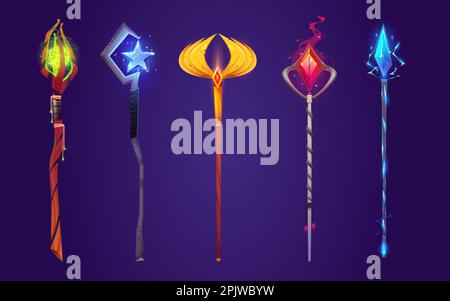 Magic vettore staff, gioco di strega fantasy stick. Arma scettro mago con cristallo e canna da legno. Sorcery battaglia roba d'oro da usare per magia e a. Illustrazione Vettoriale