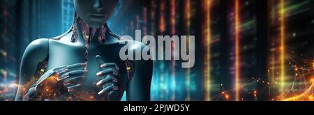 ragazza umanoide, assistente robot all'interno di un centro informatico futuristico. tecnologie e intelligenza artificiale del trattamento dei dati. neon neur Foto Stock