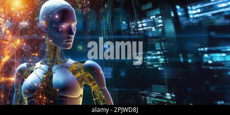 ragazza umanoide, assistente robot all'interno di un centro informatico futuristico. tecnologie e intelligenza artificiale del trattamento dei dati. neon neur Foto Stock