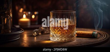 Un bicchiere di whisky con ghiaccio e un sigaro cubano su un tavolo di legno su sfondo scuro. Uomo banner idea club. Copia spazio per il testo Foto Stock