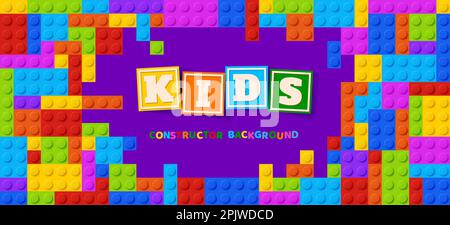 Sfondo zona bambini di mattoni o gioco costruttore, area giochi per bambini segno vettoriale. Banner sfondo zona bambini con i contro colorati in plastica Illustrazione Vettoriale