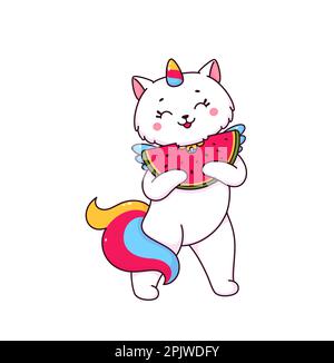 Personaggio di cartoni animati con anguria. Carino unicorno gatto personaggio vettore di animale domestico magico con corno unicorno arcobaleno e coda. Adorabile bianco k Illustrazione Vettoriale