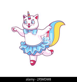 Carino cartoni animati ballare il personaggio, gatto unicorno o divertente gattino, animale vettore. Allegro cavicorno o gattino unicorno felice danza in gonna ballerina, Illustrazione Vettoriale