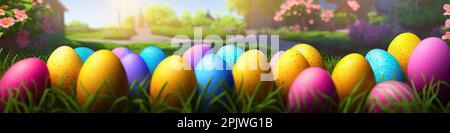 Fresco sfondo primavera con uova di pasqua banner verde succoso prato. Uova di Pasqua colorate fiori nascosti grass.Easter concetto. Primavera estate sfondo con erba fresca contro cielo blu con. Foto Stock