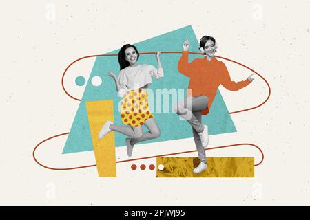 Banner fotografico collage composito di due giovani energiche ragazze rilassate divertimento indossare abiti alla moda promo pubblicità isolato su sfondo disegno Foto Stock