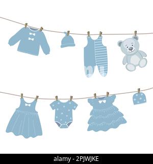 I vestiti del bambino appendono alla linea di vestiario. Le cose sono asciugate sui clothespins dopo il lavaggio. Illustrazione vettoriale in blu Illustrazione Vettoriale
