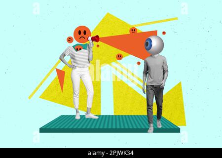 Foto collage composito di persone senza testa furioso triste emoticon proclamare megafone aggressivo bossy bullying isolato su sfondo disegnato Foto Stock