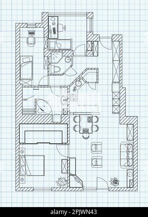 Disegno pianta bianco e nero di una casa su carta millimetrica. Illustrazione Vettoriale