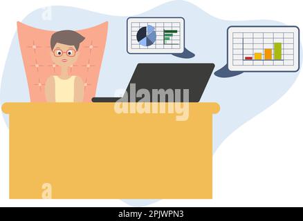 Giovane donna con gli occhiali seduti alla scrivania arancione e utilizzando il computer portatile. Grafici e grafici sullo sfondo. Infografica Office Worker for Business Illustrazione Vettoriale