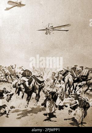 Una rappresentazione della guerra mondiale di aerei britannici che bombardano un convoglio su un campo di Senussiyeh (Senusiyya, Senussi o Sanusi) vicino a Baharia Wells Feb 16 1916.-- تصوير الحرب العالمية للطائرات البريطانية وهي تقصف قافلة على معسكر سنوسي (سنوسي أو سنوسي) بالقرب من باهاريا ويلز في 16 فبراير 1916. Foto Stock