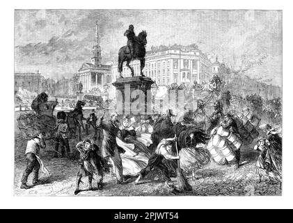 Forti venti di marcia che hanno causato il caos a Trafalgar Square, Londra, Inghilterra, nel 1865 Foto Stock