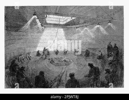 Avvolgimento del cavo telegrafo Atlantico in uno dei carri armati del Grande Oriente durante la spedizione del telegrafo Atlantico del 1865. Il ferro a vela, ruota a pale e nave a vapore a elica progettata da Isambard Kingdom Brunel, fu la più grande nave mai costruita nel 1858. Foto Stock