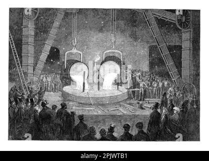 Disegnati nel 1865, i visitatori osservano il lancio di un cilindro per un motore a vapore marino presso la fabbrica di motori marini di Penn a Greenwich, Londra, Inghilterra. L'azienda è diventata il principale fornitore della Royal Navy, in quanto ha fatto il passaggio dalla vela al vapore. Foto Stock