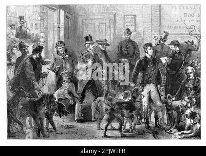 I cani arrivano all'International Dog Show 1865 di Islington, 8 anni prima che il Crufts Dog Show debutta nello stesso luogo di Londra. Illustrazione di Harden Sidney Melville Foto Stock