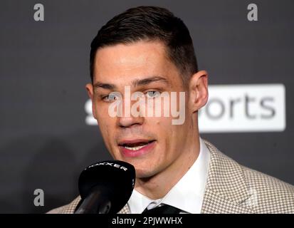 Chris Billam-Smith durante una conferenza stampa al Landmark Hotel di Londra. Lawrence okolie punta a una quarta difesa di successo del suo titolo mondiale wbo cruiserweight, quando il prossimo 27 maggio si accollerà il collega britannico Chris Billam-Smith al Vitality Stadium di Bournemouth. Data immagine: Martedì 4 aprile 2023. Foto Stock