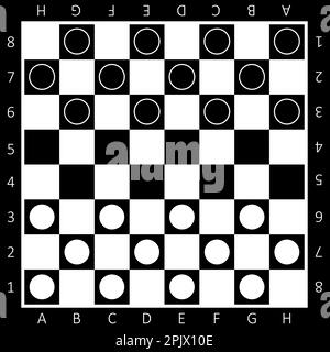 Scacchiera su sfondo bianco e nero. Draughts, gioco con pezzi in bianco e nero. Illustrazione vettoriale. EPS 10. Illustrazione Vettoriale