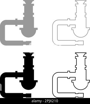 Sifone impianti fognature tubo scarico sotto lavello tubo fognario set icona grigio nero colore vettore illustrazione immagine semplice riempimento solido contorno Illustrazione Vettoriale