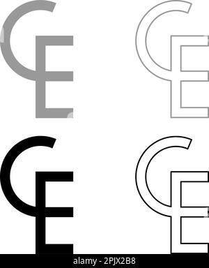 Euro-valuta segno ECU simbolo europeo ecu CE CE set icona grigio nero colore vettore illustrazione immagine semplice riempimento pieno contorno linea sottile piatto Illustrazione Vettoriale