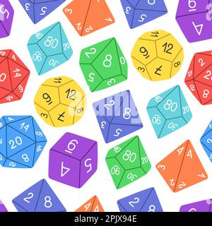 D8 D10 D12 D20 dadi per giochi da tavolo pattern senza giunture, set di dadi RPG per vettore di gioco da tavolo Illustrazione Vettoriale