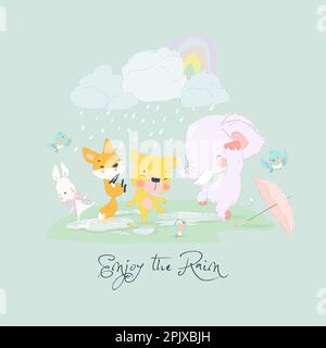 Simpatici animali Cartoon godendo e divertendosi la pioggia estiva Illustrazione Vettoriale