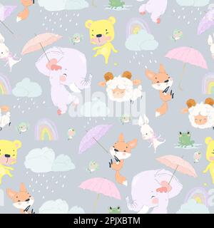 Modello senza cuciture con gli animali cartotoni che si divertono e si divertono con la pioggia Illustrazione Vettoriale