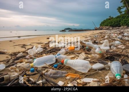 bottiglie di plastica e altri rifiuti su una spiaggia in un'area tropicale Foto Stock