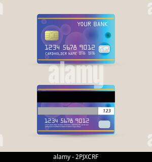 Set di carte di debito, carte di credito e bancomat. Modello gradiente lato anteriore e posteriore. Carta di debito. Illustrazione vettoriale Illustrazione Vettoriale