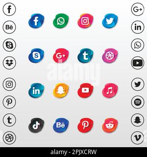 le icone colorate e popolari dei siti web dei social media con banner impostano le icone Illustrazione Vettoriale