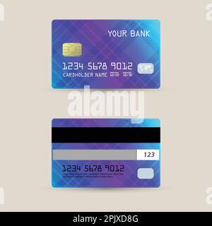 Set di carte di debito, carte di credito e bancomat. Modello gradiente lato anteriore e posteriore. Carta di debito. Illustrazione vettoriale Illustrazione Vettoriale