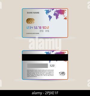 Set di carte di debito, carte di credito e bancomat. Modello gradiente lato anteriore e posteriore. Carta di debito. Illustrazione vettoriale Illustrazione Vettoriale