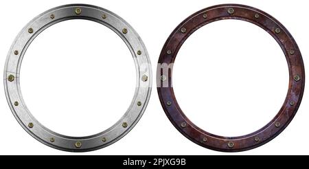 Due oblò metallici con bulloni isolati su sfondo bianco, figura 3D. Foto Stock