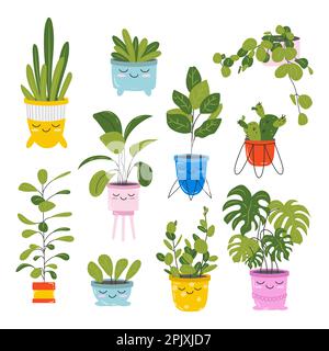 Set di adesivi carini di piante di casa kawaii. Illustrazione Vettoriale