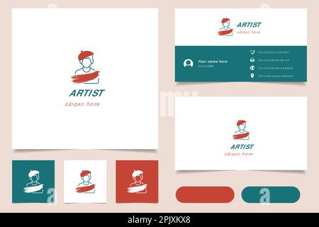 Design del logo dell'artista con slogan modificabile. Libro di branding e modello biglietto da visita. Illustrazione Vettoriale