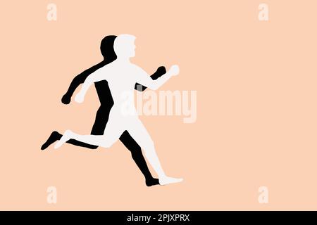 Silhouette bianco uomo nero ombra è in esecuzione su uno sfondo beige. Concetto, velocità, corsa, stile di vita sano. Foto Foto Stock