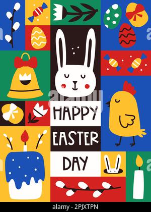 Poster di Pasqua. Poster grafico verticale con simpatici simboli minimalistici a mano libera di Pasqua. Biglietto d'auguri per web, design da parete. Colori a contrasto luminoso. Illustrazione Vettoriale