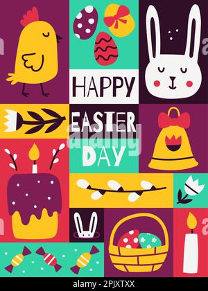 Biglietto di auguri di Pasqua. Poster grafico verticale con simpatici simboli piatti di Pasqua. Pollo, coniglietto, campana, candela. Scheda di contrasto colorata e luminosa con freeh Illustrazione Vettoriale