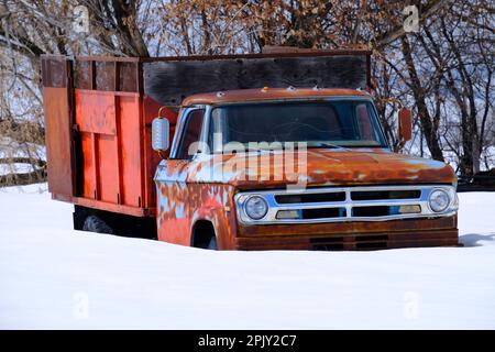 Dumper da lavoro vecchio sepolto nella neve profonda dopo la tempesta di neve invernale Foto Stock