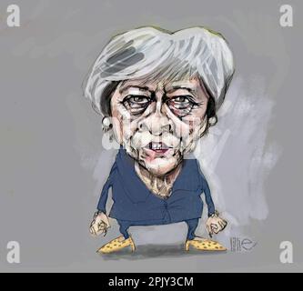 Arte della caricatura satirica dell'ex primo Ministro del Regno Unito e leader del Partito conservatore, Theresa Mary, Lady May, deputato di Maidenhead. Foto Stock