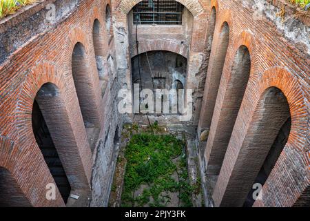 Piccolo cortile interno di Domus Augustana alla scala tra il piano superiore e il peristilio inferiore nel Palazzo Romano di Domiziano (92 d.C.) sul P Foto Stock