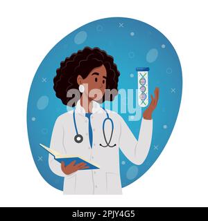 Giornata nazionale del DNA. Aprile 25. Un tecnico di laboratorio esamina il DNA umano Illustrazione Vettoriale