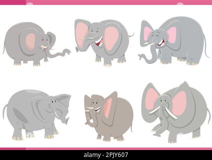 Illustrazione di fumetti di elefanti divertenti animali selvatici comici set Illustrazione Vettoriale