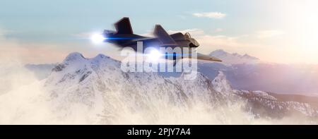 Volo militare in motoscafo sulle cime delle montagne. Foto Stock