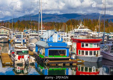 Case galleggianti colorate in un porto turistico di Coal Harbour a Vancouver Canada Foto Stock