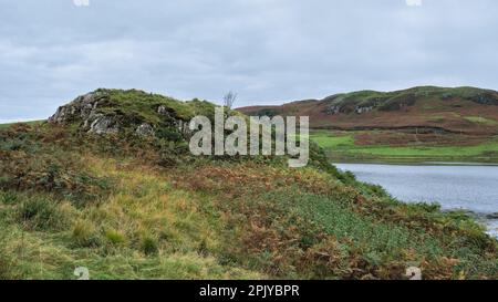 Dun Diarmaid broch sulle rive del Loch Beag, Isola di Skye Foto Stock