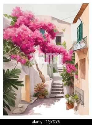 Acquerello dell'isola di Santorini paesaggio. Grecia estate isola paesaggio. Santorini mano disegnato sfondo vettoriale quadrato. Schizzo pittoresco. Ideale per Illustrazione Vettoriale