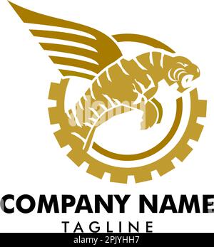 Tiger con modello di disegno del logo vettoriale delle ali Illustrazione Vettoriale