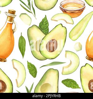 Acquerello senza cuciture di avocado fresco intero, affettato e bottiglia di olio avocado. Illustrazione disegnata a mano isolata su sfondo bianco. Cibo perfetto Foto Stock