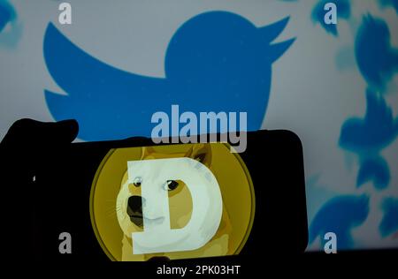 In questa foto, il logo Dogecoin visualizzato sullo schermo di un telefono cellulare con uno sfondo del logo twitter. Foto Stock