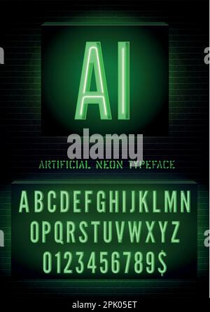 Ai notte scatola luce effetto extra bagliore carattere stretto con numeri su sfondo muro di mattoni scuri. Alfabeto al neon verde vettoriale Illustrazione Vettoriale