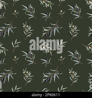 Acquerello senza cuciture con olive nere e verdi e rametto. Olive dipinte a mano isolate su sfondo bianco. Illustrazione botanica per Foto Stock